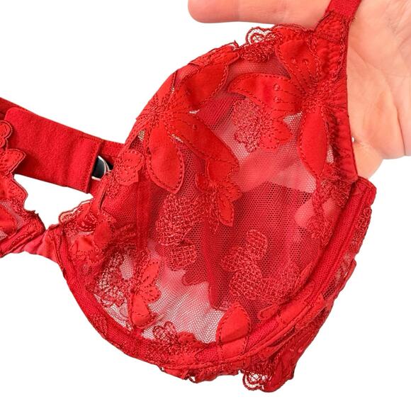 Victorias Secret Low Cut Demi Bra Unlined SIZE 36D Red Lacy Sheer Womens Mesh - Picture 6 of 11